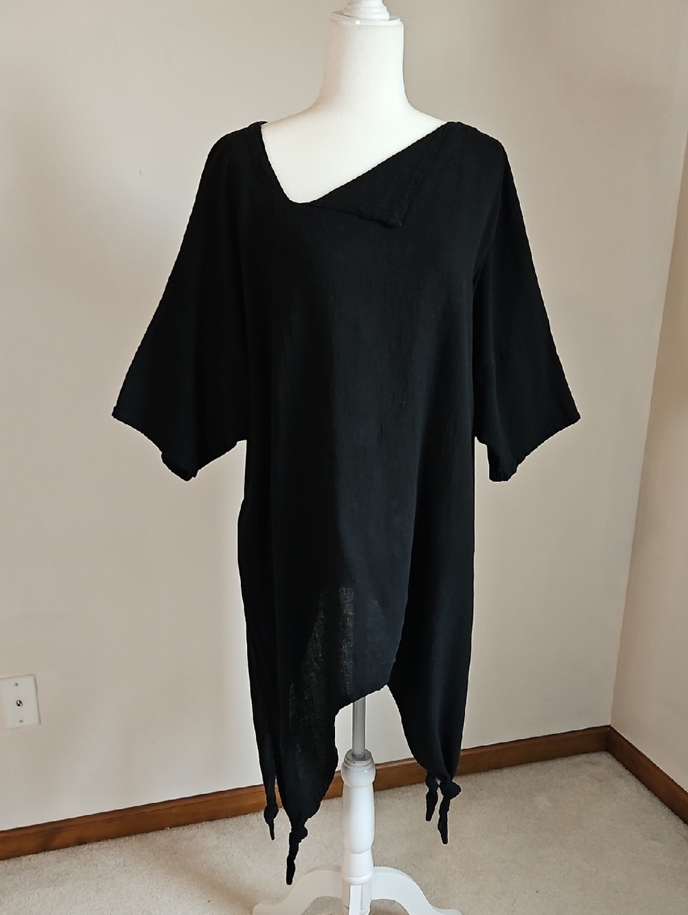 Oh My Gauze Cotton Black Lagenlook Asymmetric Neck / Hem Tunic Top XXL